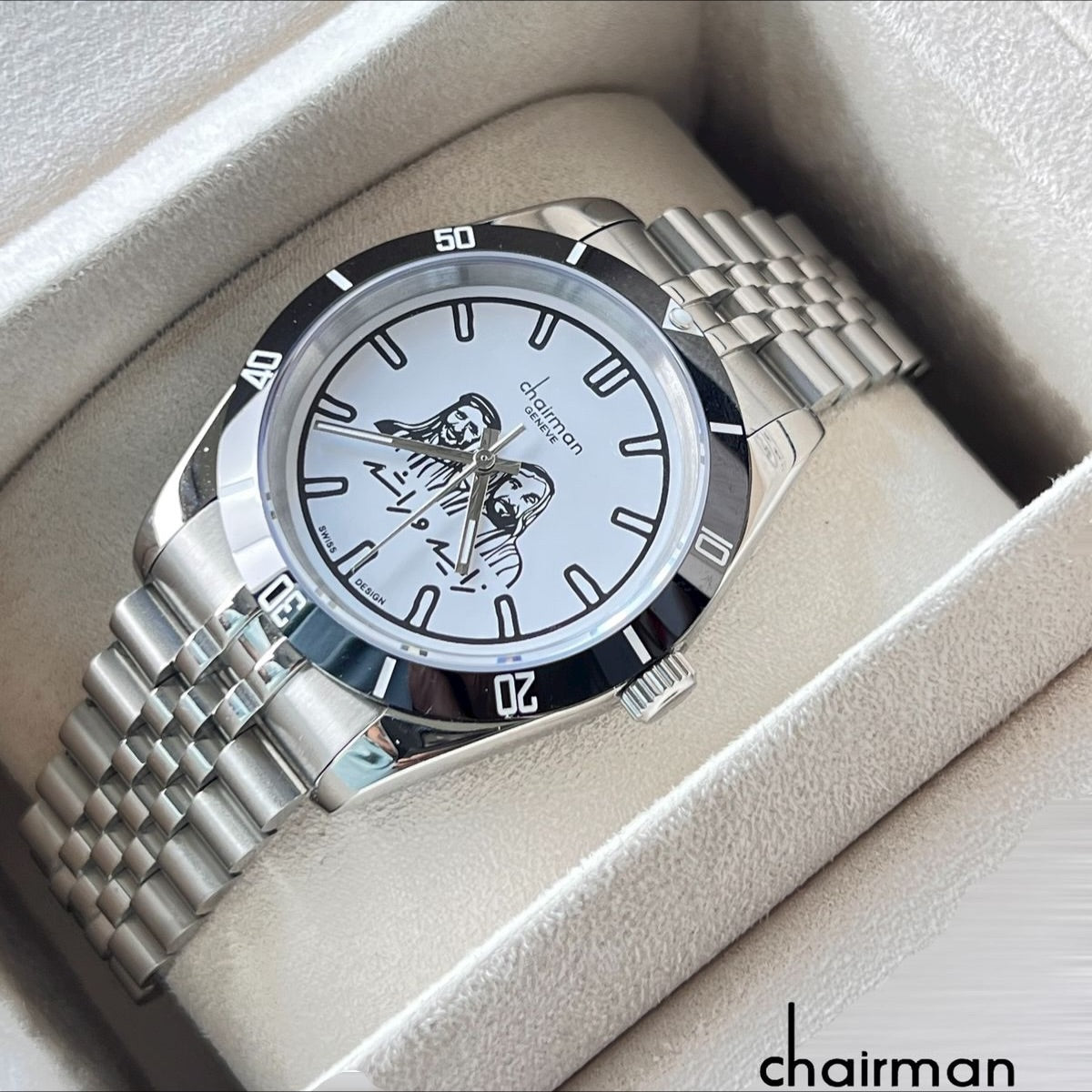 Chairman Geneve Al Zaeem Commemorative Watch for Men - White Dial with UAE Leaders Portrait & Stainless Steel Jubilee Bracelet