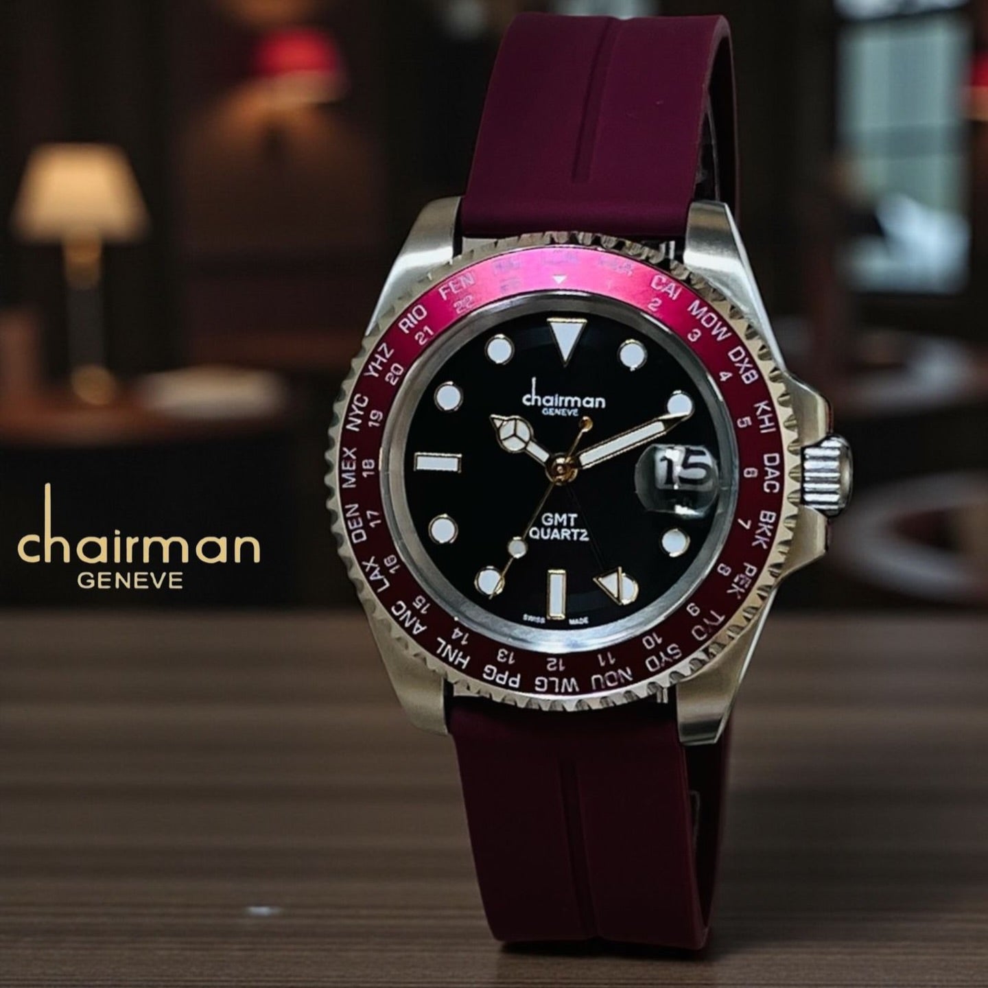 Chairman Geneve GMT Worldtimer Watch for Men - Black Dial with World Time Bezel & Burgundy Silicone Strap - Quartz Date Watch
