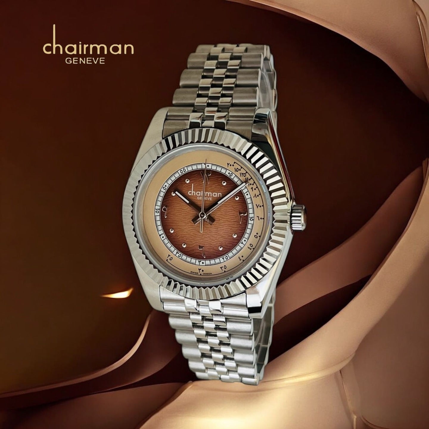 Chairman Geneve Royal Arabica Watch for Men - Brown Wave Dial with Fluted Bezel, Arabic Numerals & Stainless Steel Jubilee Bracelet