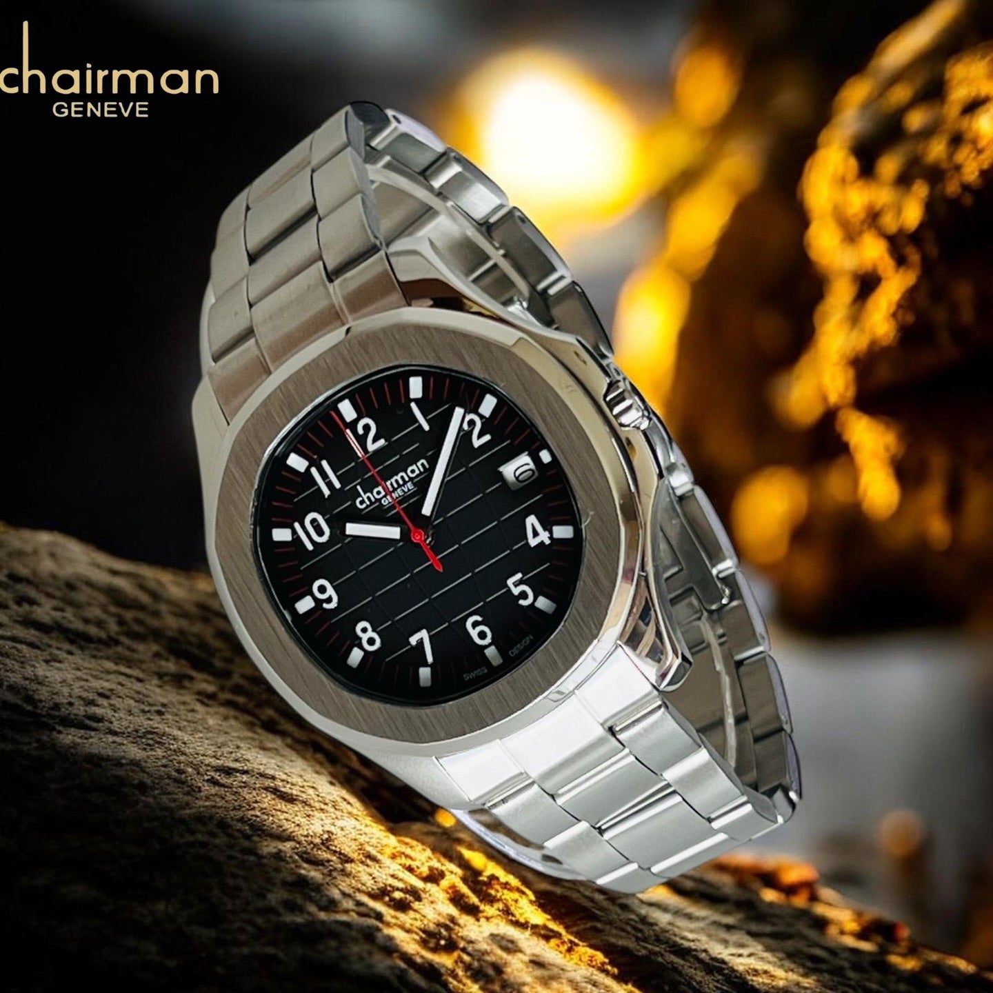 Chairman Geneve Urban Elite Watch for Men - Black Grid Dial with Octagonal Brushed Bezel & Stainless Steel Bracelet - Quartz Date Watch