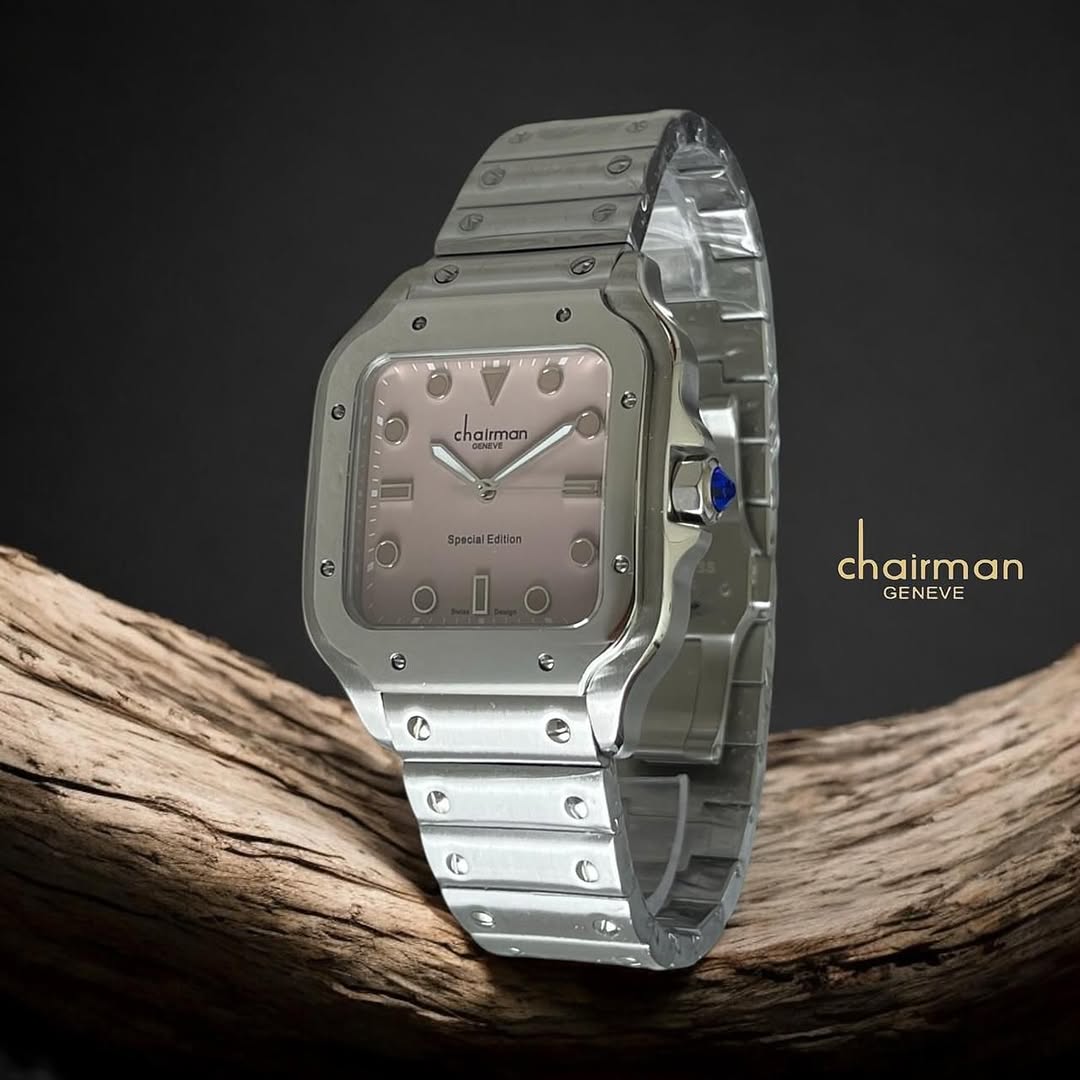 Chairman Geneve Santos Square Watch for Men - Exposed Screw Square Case with Stainless Steel Bracelet & Blue Crown - 2 Dial Colors - Special Edition
