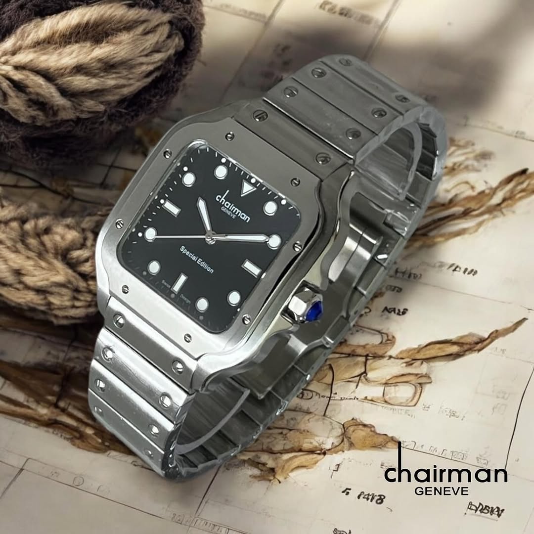 Chairman Geneve Santos Square Watch for Men - Exposed Screw Square Case with Stainless Steel Bracelet & Blue Crown - 2 Dial Colors - Special Edition