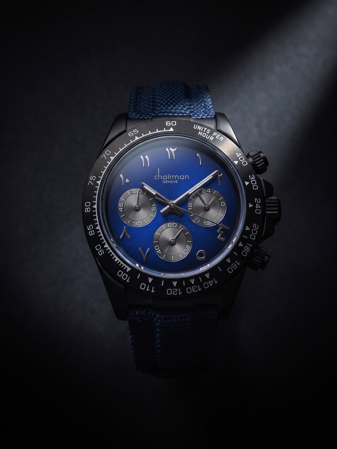 Chairman Geneve Midnight Chronograph Watch for Men - Blue Gradient Dial with Arabic Numerals, Black Case & Navy Fabric Strap