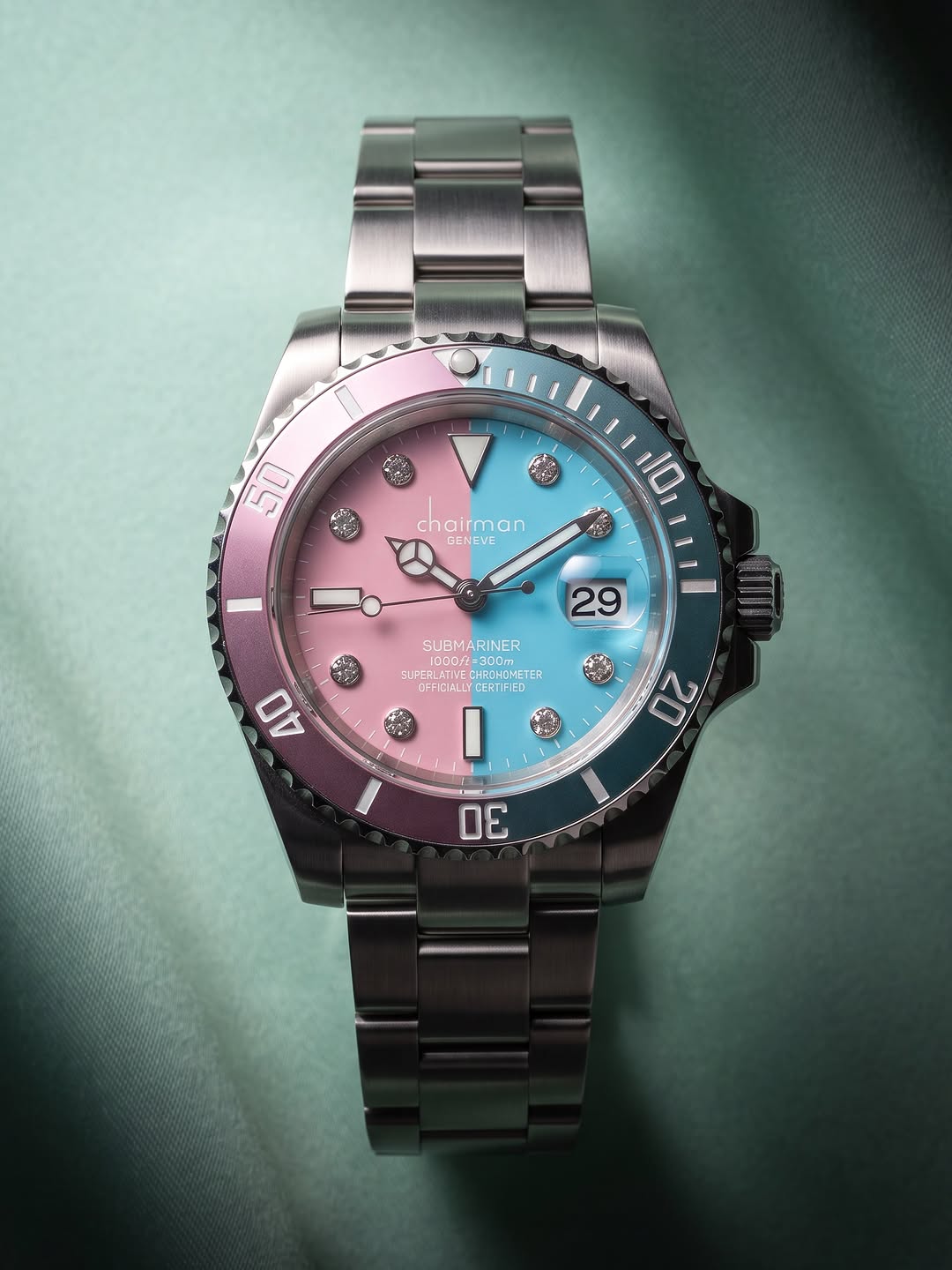 Chairman Geneve Cotton Candy Diver Watch - Pink & Blue Dual-Tone Dial with Crystal Markers, Date & Stainless Steel Bracelet