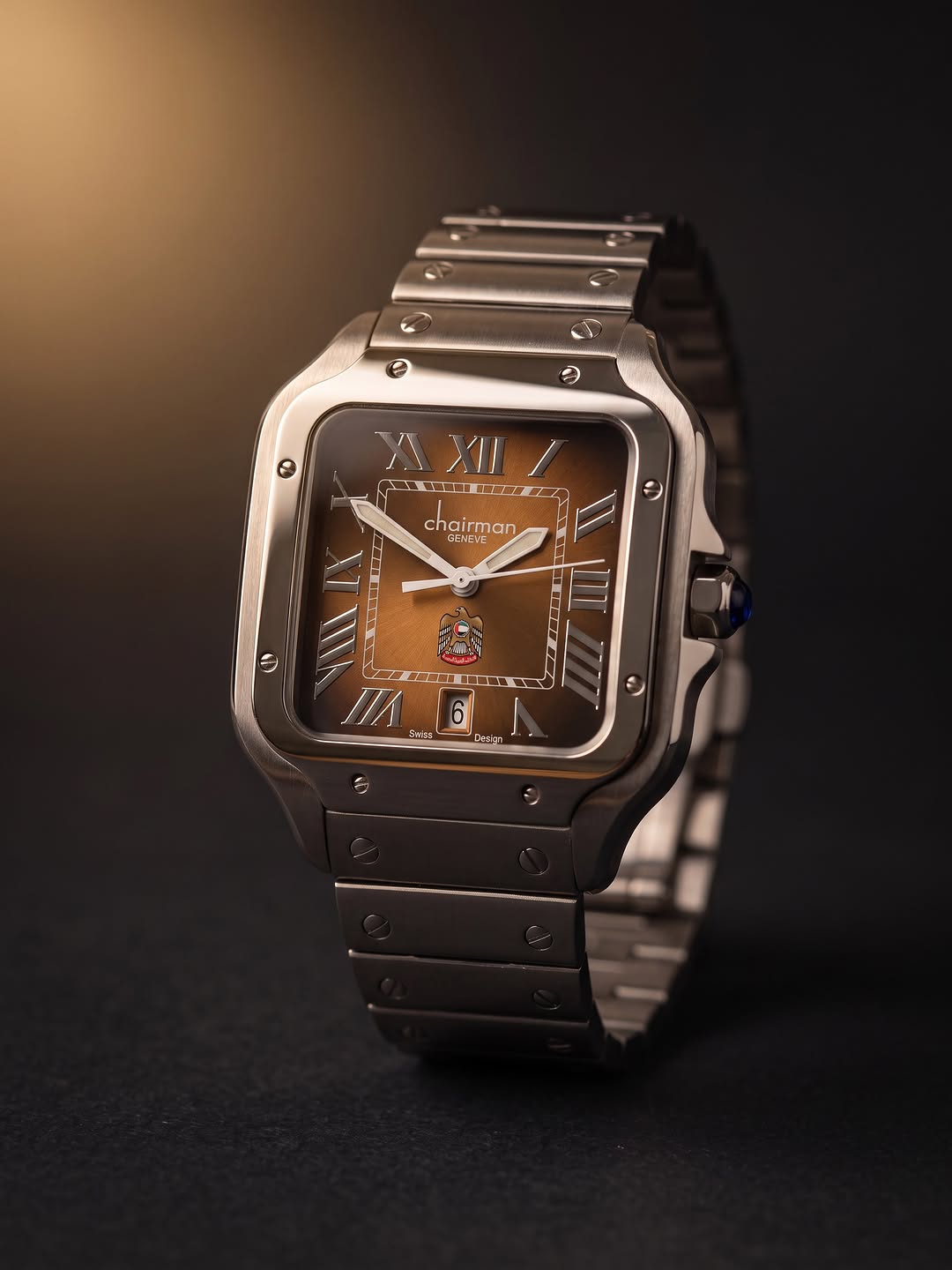 Chairman Geneve UAE Edition Square Watch for Men - Brown Dial with Roman Numerals, Stainless Steel Case, UAE Emblem & Blue Crown