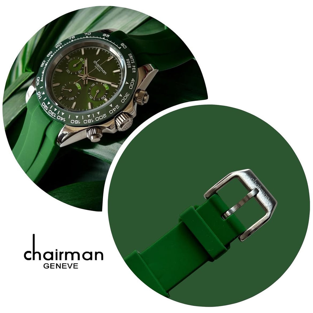 Chairman Geneve Chronograph Watch for Men - Stainless Steel Case with Green or Blue Dial & Silicone Rubber Strap with Tachymeter Bezel