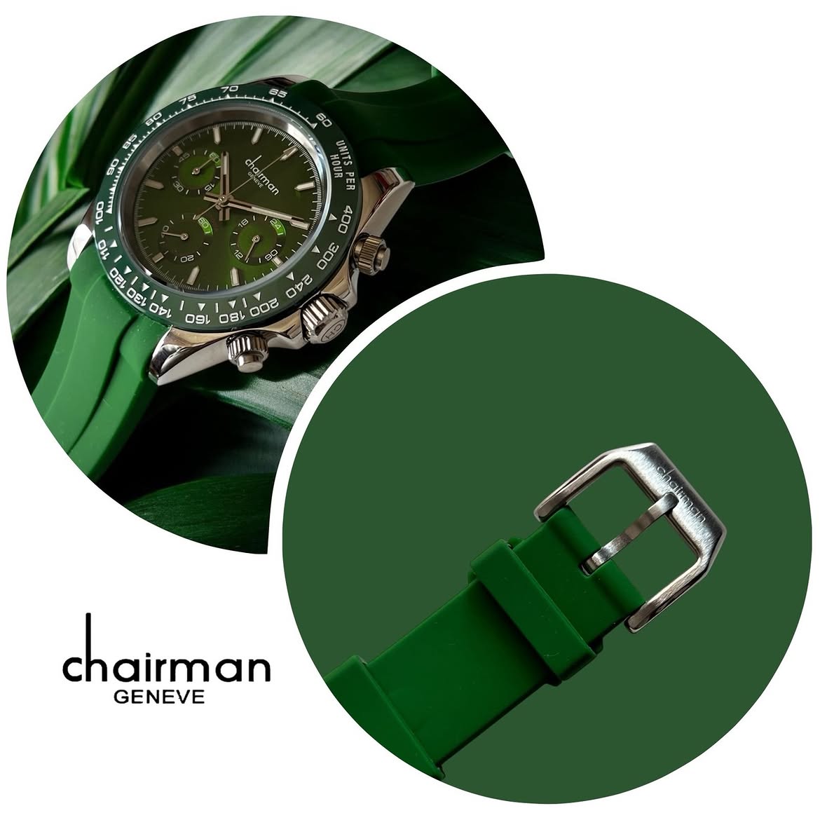 Chairman Geneve Chronograph Watch for Men - Stainless Steel Case with Green or Blue Dial & Silicone Rubber Strap with Tachymeter Bezel