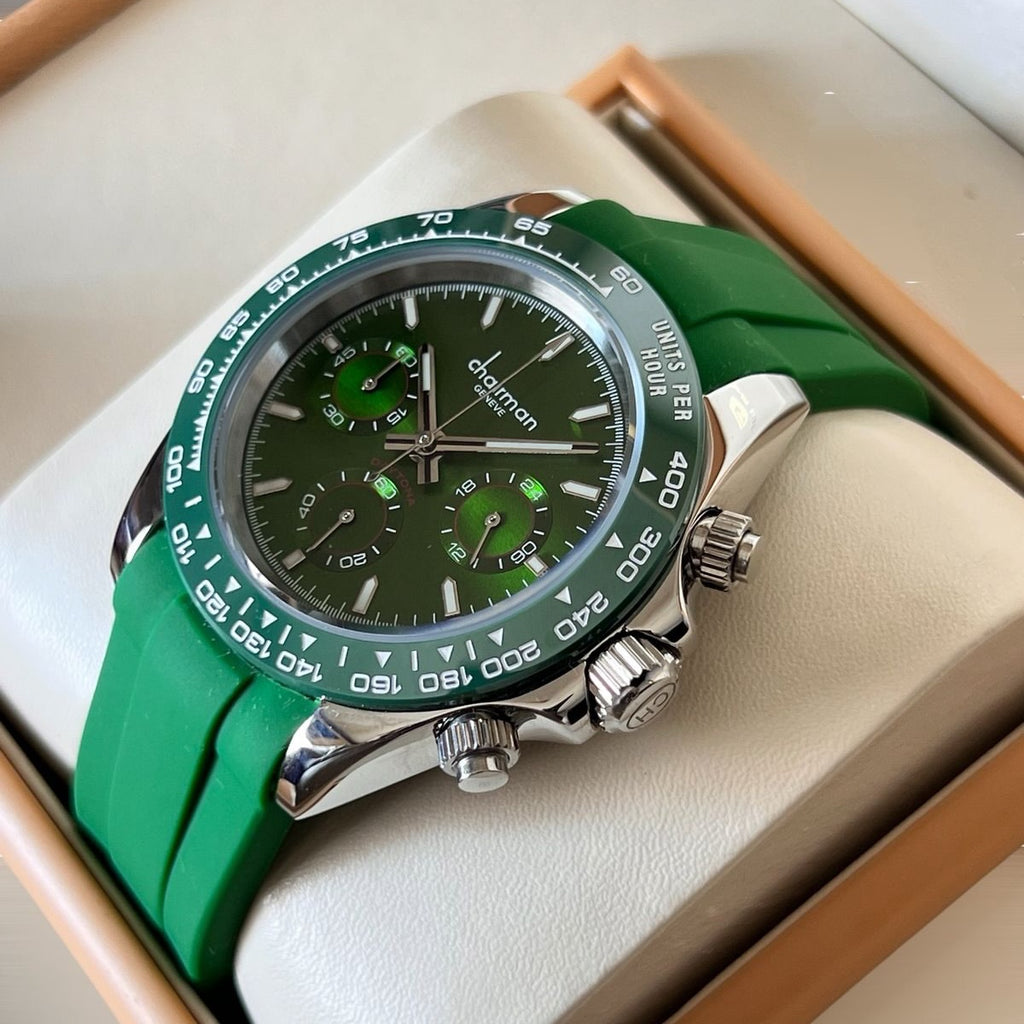 Chairman Geneve Chronograph Watch for Men - Stainless Steel Case with Green or Blue Dial & Silicone Rubber Strap with Tachymeter Bezel