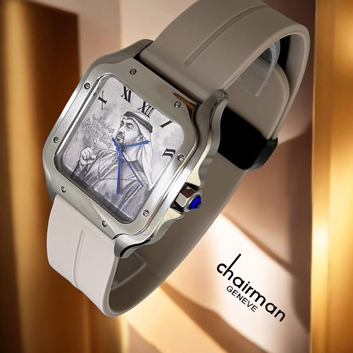 Chairman Geneve UAE Portrait Square Watch for Men - Stainless Steel Case with White Rubber Strap & Roman Numeral Dial