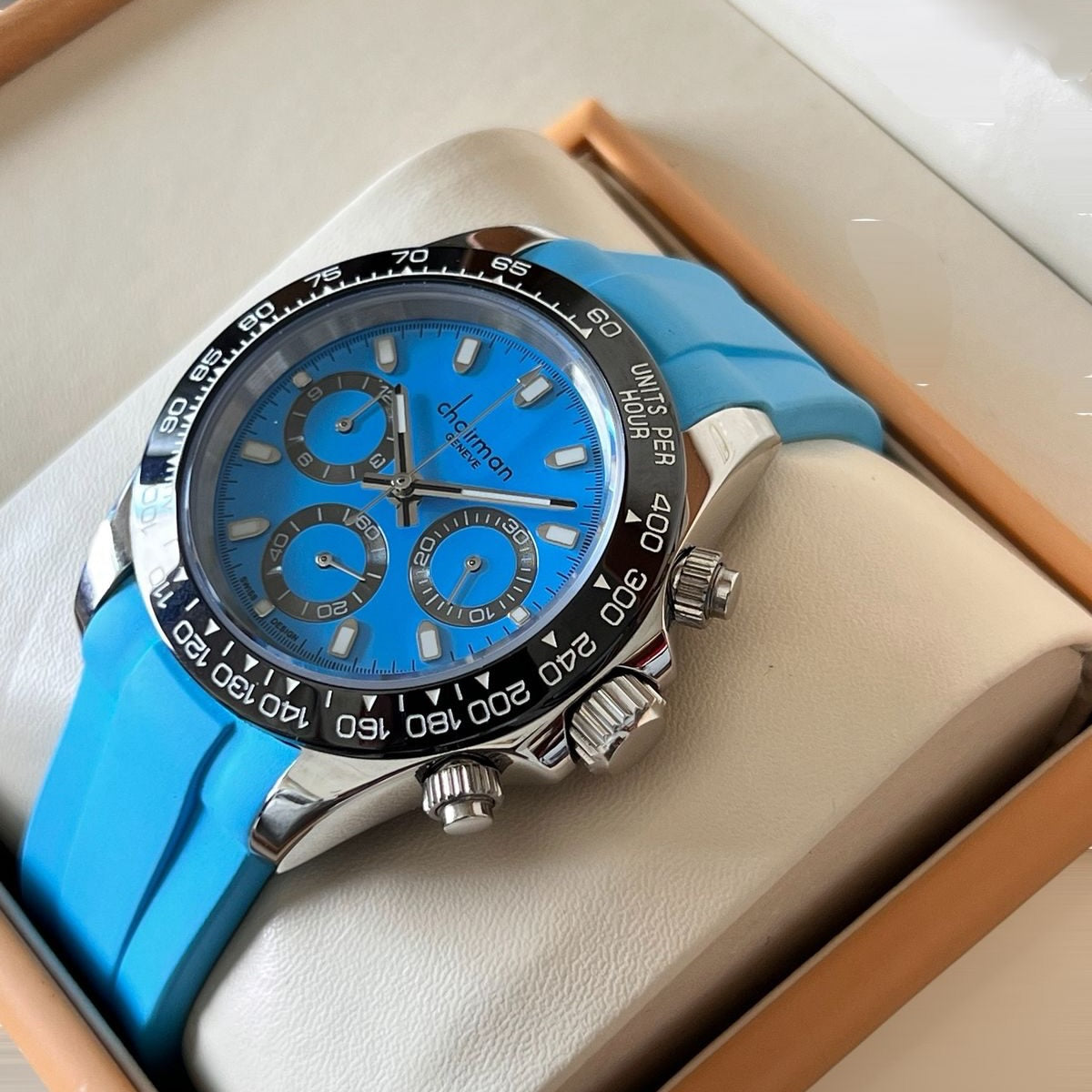 Chairman Geneve Chronograph Watch for Men - Stainless Steel Case with Green or Blue Dial & Silicone Rubber Strap with Tachymeter Bezel
