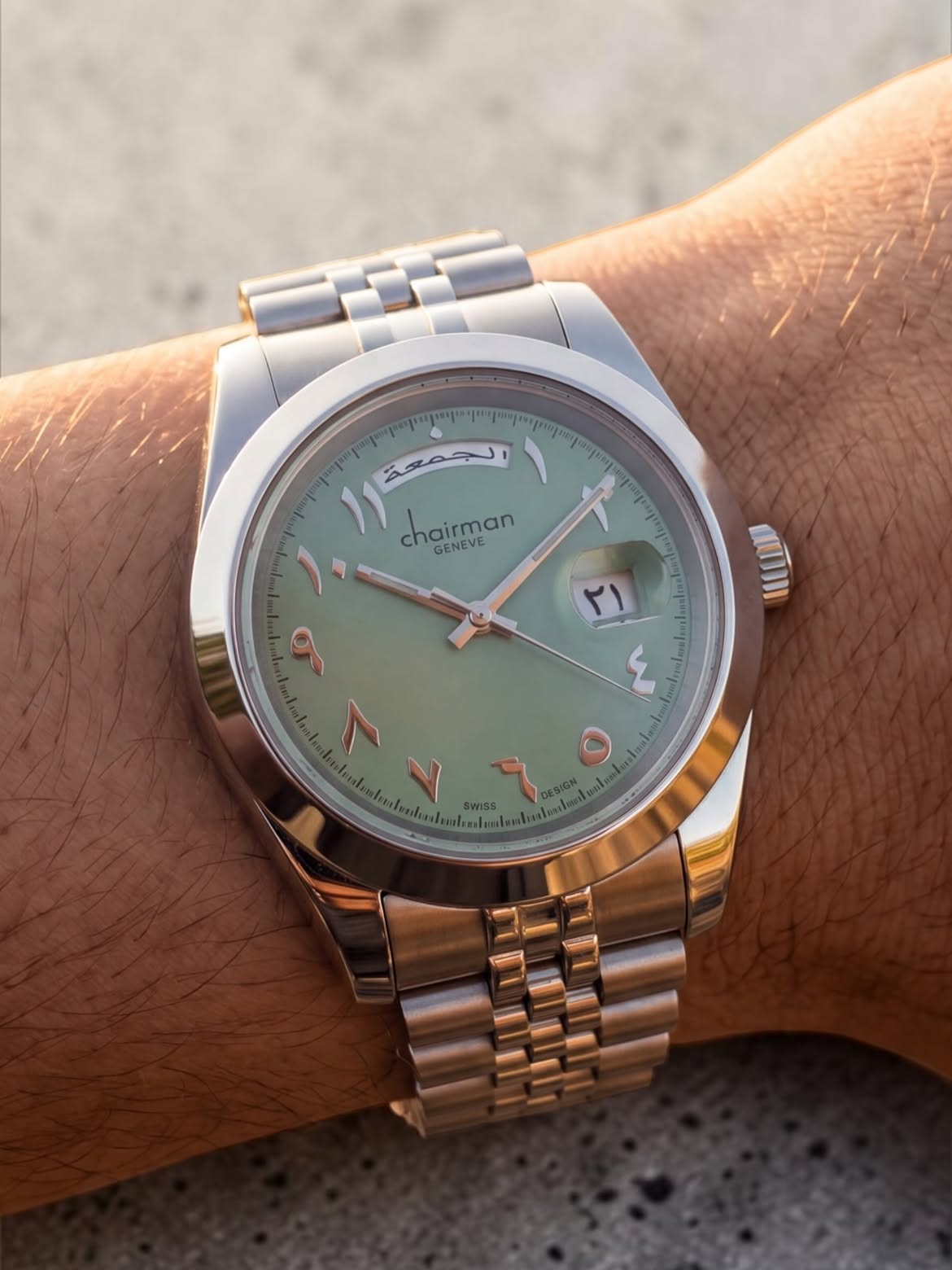 Chairman Geneve Arabic Watch for Men - Stainless Steel Jubilee Bracelet with Mint Green Arabic Numerals Dial