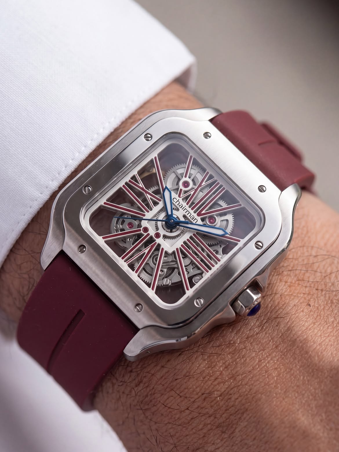 Chairman Geneve Skeleton Watch for Men| Square Stainless Steel Case| Burgundy Rubber Strap & Skeleton Dial