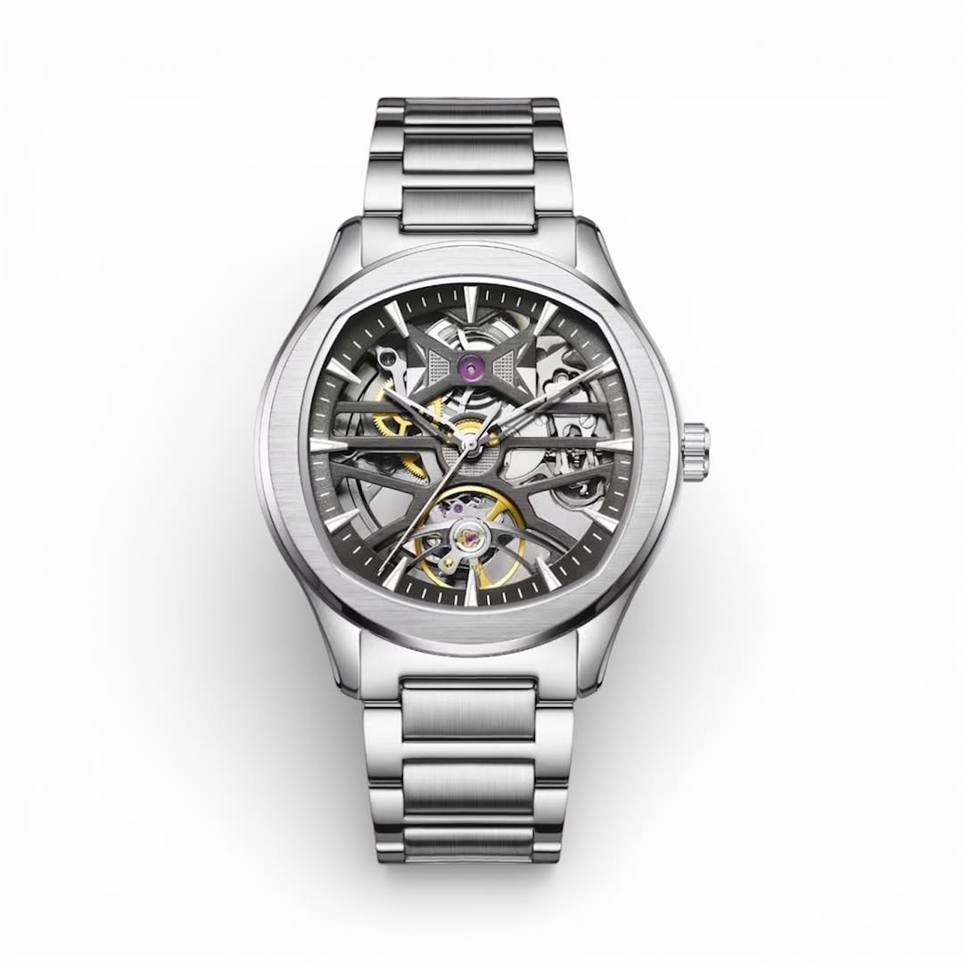 Automatic Skeleton Mechanical Watch for Men|  Silver Stainless Steel Open Gear Dial Watch