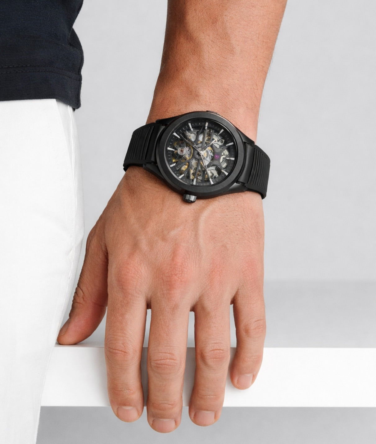 Black Skeleton Automatic Watch for Men|  Matte Black Steel Case with Silicone Strap|  Mechanical Open Gear Dial