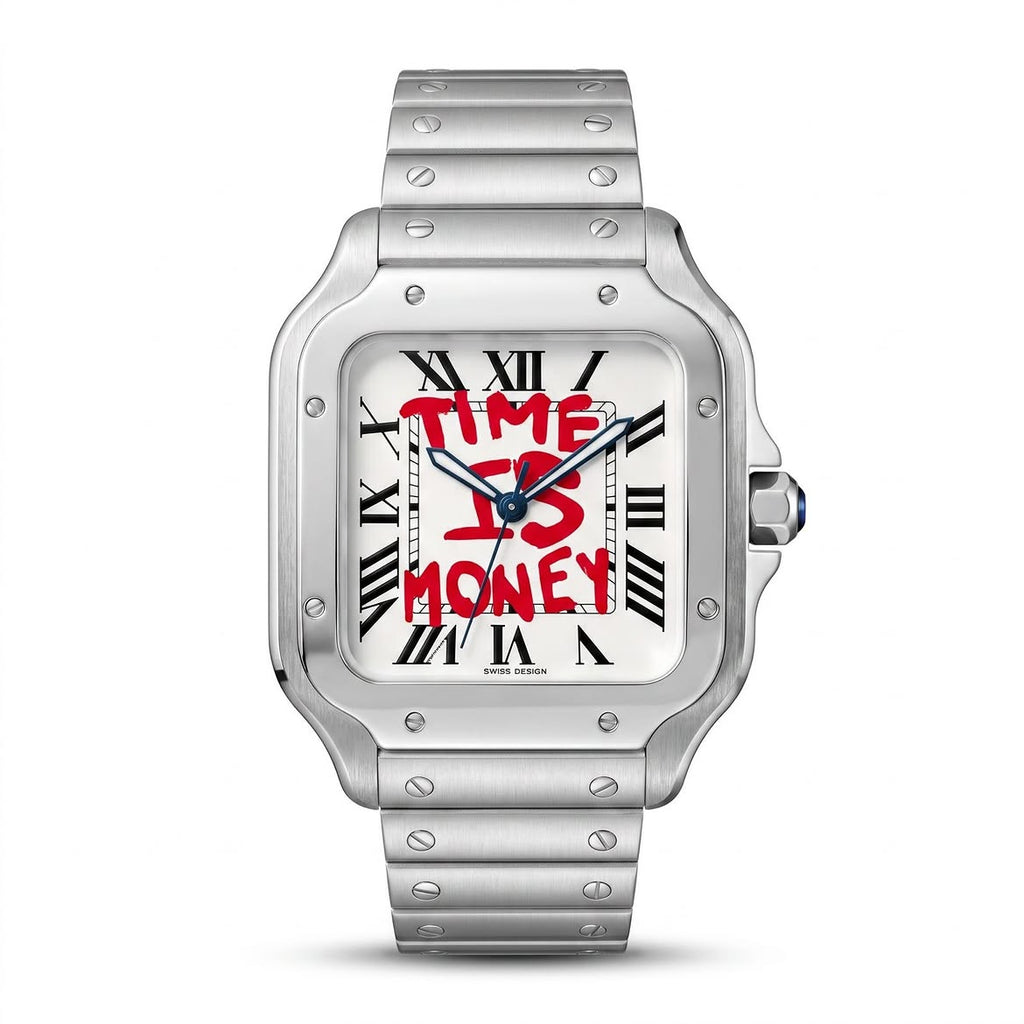 "TIME IS MONEY" Graffiti Square Watch for Men - Stainless Steel Case with Black or White Dial & Steel Bracelet or Rubber Strap