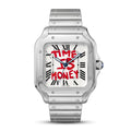 "TIME IS MONEY" Graffiti Square Watch for Men - Stainless Steel Case with Black or White Dial & Steel Bracelet or Rubber Strap