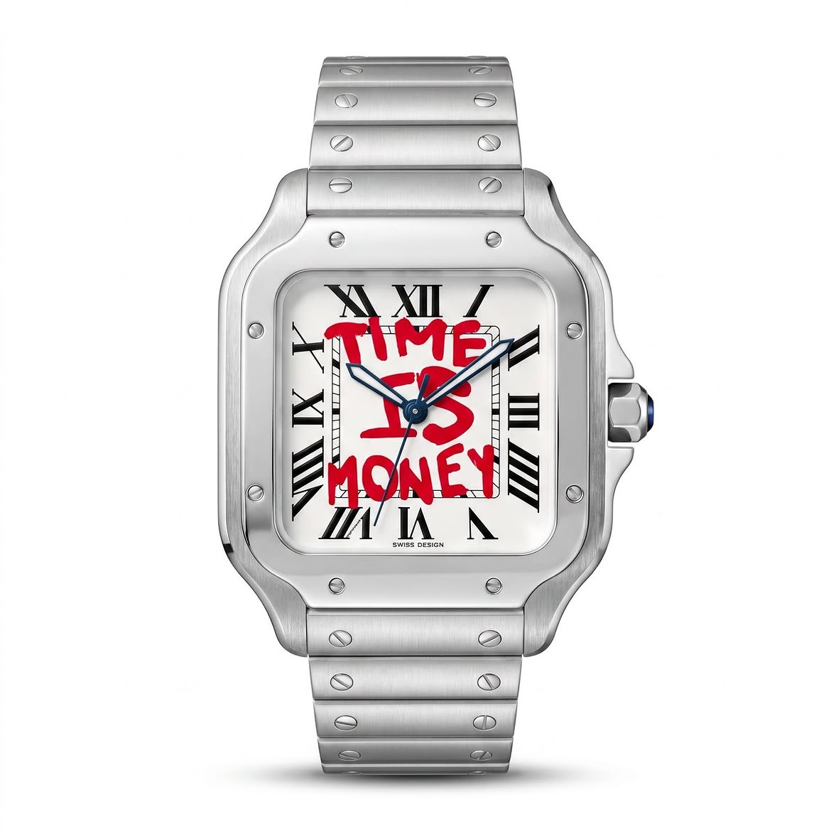 "TIME IS MONEY" Graffiti Square Watch for Men - Stainless Steel Case with Black or White Dial & Steel Bracelet or Rubber Strap