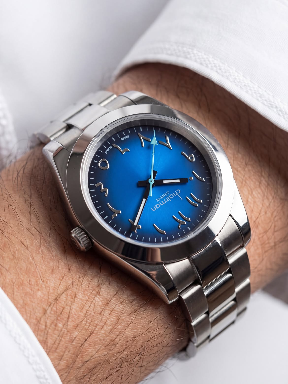 Chairman Geneve Arabic Watch for Men - Stainless Steel Bracelet with Royal Blue Arabic Numerals Dial