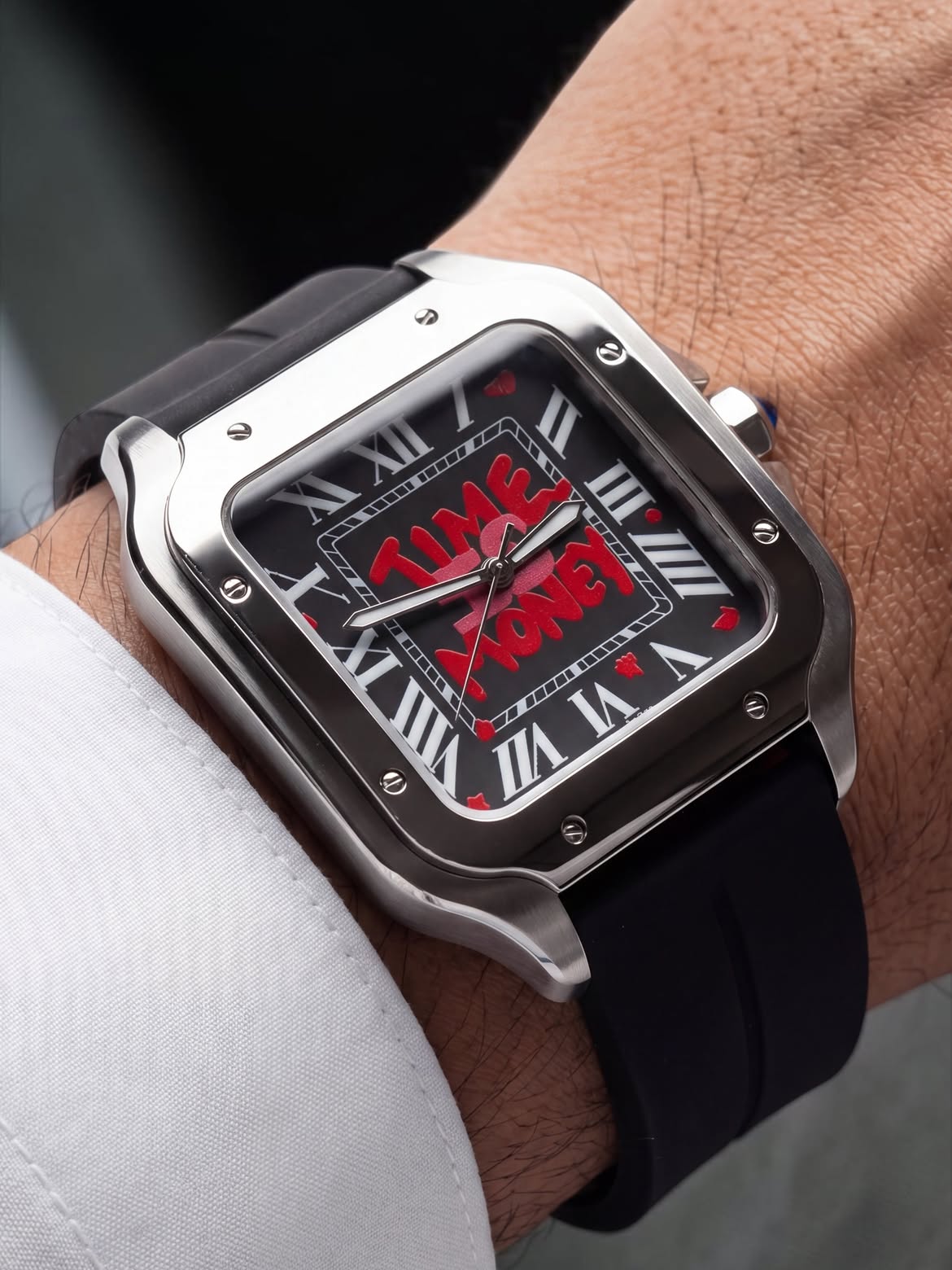"TIME IS MONEY" Graffiti Square Watch for Men - Stainless Steel Case with Black or White Dial & Steel Bracelet or Rubber Strap