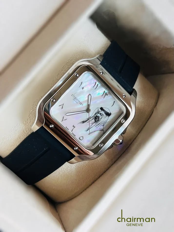 Chairman Geneve Heritage Square Watch| Sheikh Zayed Portrait| Mother of Pearl Dial with Black Rubber Strap