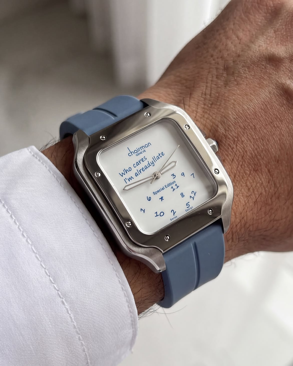 Chairman Geneve "Who Cares I'm Already Late" Special Edition Watch - Square Case with Dual Tone Blue Rubber Strap