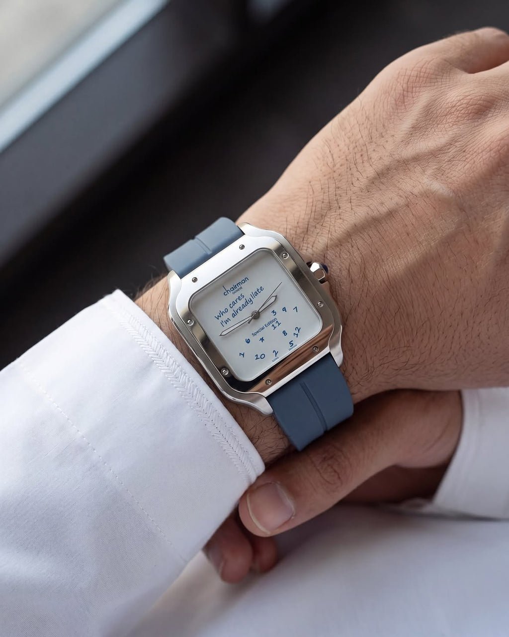 Chairman Geneve "Who Cares I'm Already Late" Special Edition Watch - Square Case with Dual Tone Blue Rubber Strap