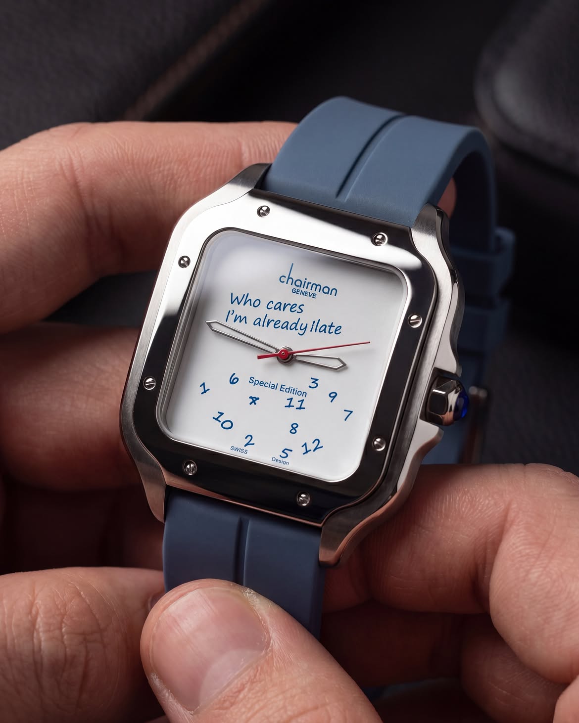 Chairman Geneve "Who Cares I'm Already Late" Special Edition Watch - Square Case with Dual Tone Blue Rubber Strap