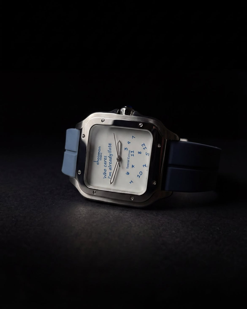 Chairman Geneve "Who Cares I'm Already Late" Special Edition Watch - Square Case with Dual Tone Blue Rubber Strap
