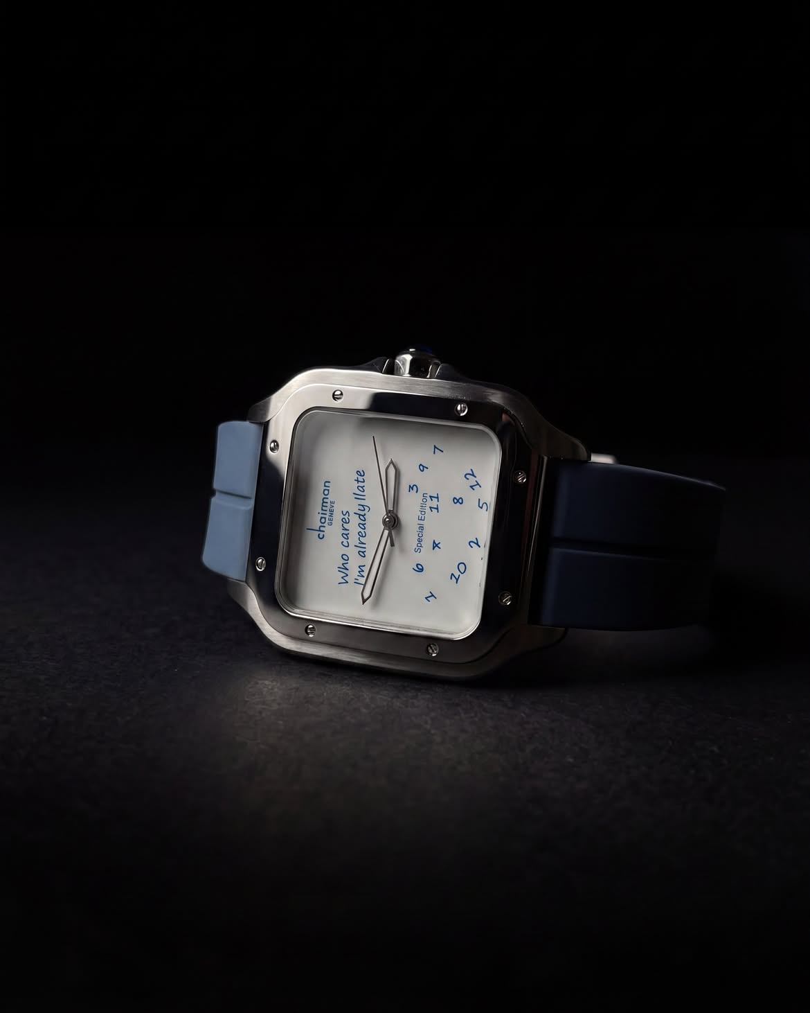 Chairman Geneve "Who Cares I'm Already Late" Special Edition Watch - Square Case with Dual Tone Blue Rubber Strap