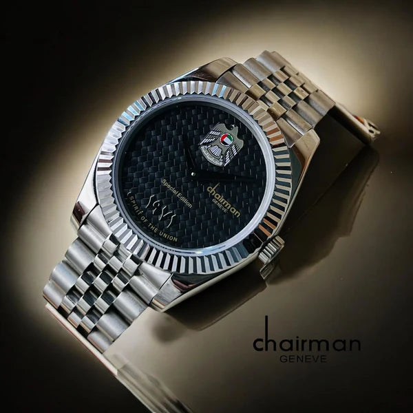 Chairman Geneve Spirit of the Union Emirati Special Edition Watch for Men - UAE Crest Dial with Arabic/Bar Markers & Stainless Steel Jubilee Bracelet - 5 Colors