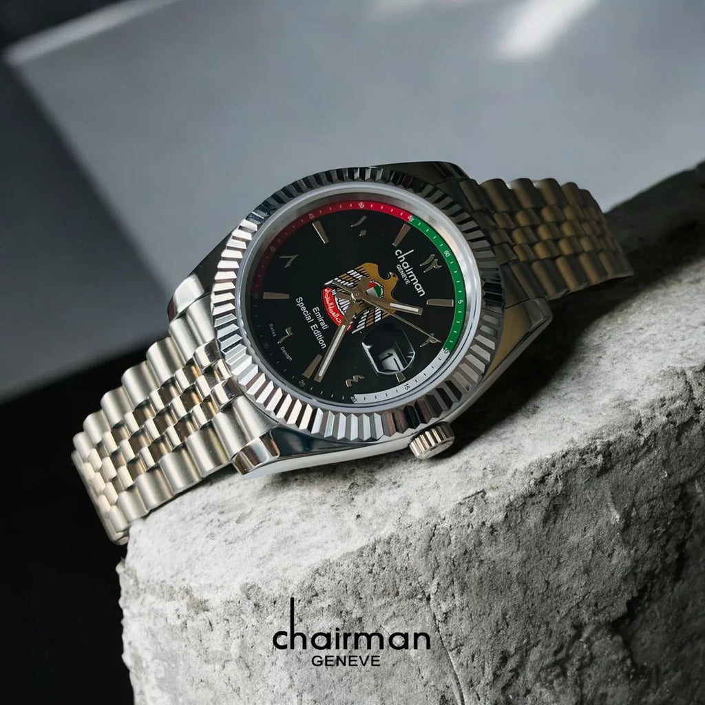 Chairman Geneve Spirit of the Union Emirati Special Edition Watch for Men - UAE Crest Dial with Arabic/Bar Markers & Stainless Steel Jubilee Bracelet - 5 Colors
