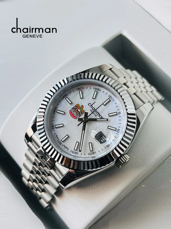 Chairman Geneve Spirit of the Union Emirati Special Edition Watch for Men - UAE Crest Dial with Arabic/Bar Markers & Stainless Steel Jubilee Bracelet - 5 Colors